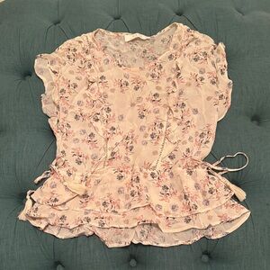 Astr Floral Ruffle Blouse in Cream and Pink